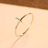 CZCITY Asymmetrical 14K Gold Sideways Cross Ring for Women Thin Round Male Female Wedding Ring Yellow Gold Jewelry Carving Au585
