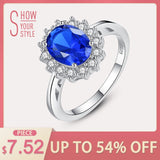 CZCITY Princess Diana William Kate Diamond Rings Sapphire Blue Wedding Engagement 925 Sterling Silver Finger Ring for Women