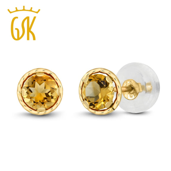 GemStoneKing Citrine Jewelry 0.52 Ct Round 4mm Natural Yellow Citrine 14K Yellow Gold Stud Earrings For Women
