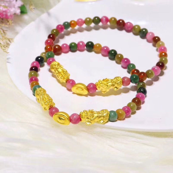 FNJ 24k Gold Pixiu Bracelet for Women Jewelry 100% 999 Pure Gold Ingots New Fashion Natural Tourmaline Stone Bead
