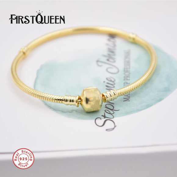 FirstQueen Solid 925 Silver Gold Colour Bracelet with Clasp Fit 4.3mm Charms Beads Anniversary DIY Gift For Jewelry Making