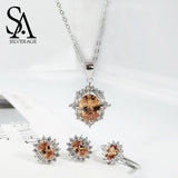 Europe USA Party Fashion Wedding Gift Flower Jewelry Blue Classic Crystal Earring Necklace Earrings Rings Set Women Jewelry Sets