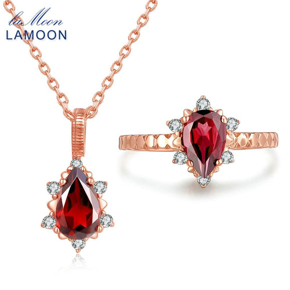 LAMOON 5x7mm 1ct Red Garnet 100% Natural S925 Sterling Silver Fine Jewelry Pyrope Set for Women Bridal Wedding Gemstone V032-1