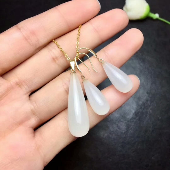 MeiBaPJ Top Quality Natural White HeTian Jade Jewelry Set Real 925 Sterling Silver Earrings Necklace Fine Siut Wedding Jewelry