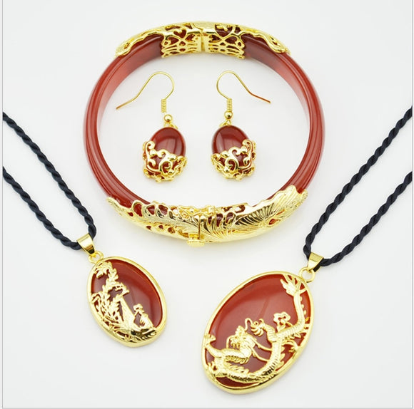 Fine Jewelry Natural Genuine Red Agate Jewelry Set Pendant Earrings Ring Bracelet Retro Temperament Premium Gifts for Mom