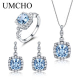 UMCHO 925 Sterling Silver Jewelry Set Sky Blue Topaz Ring Pendant Stud Earrings For Women Wedding Valentine's Gift Fine Jewelry
