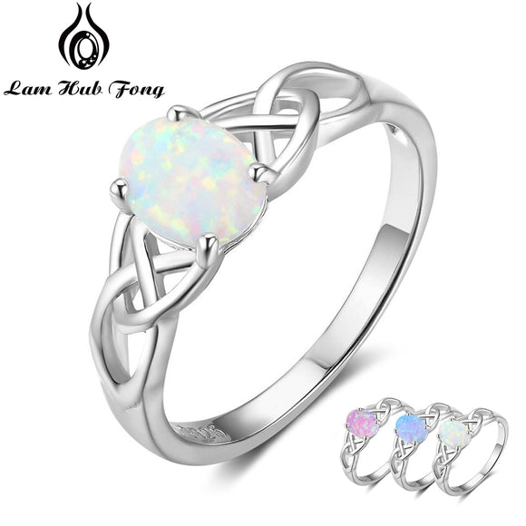 Elegant 925 Sterling Silver Braided Ring with Oval White Pink Blue Opal Stone Wedding Engagement Rings for Women (Lam Hub Fong)