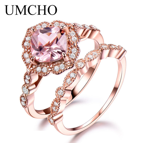 UMCHO 925 Sterling Silver Ring Set Female Morganite Engagement Wedding Band Bridal Vintage Stacking Rings For Women Fine Jewelry