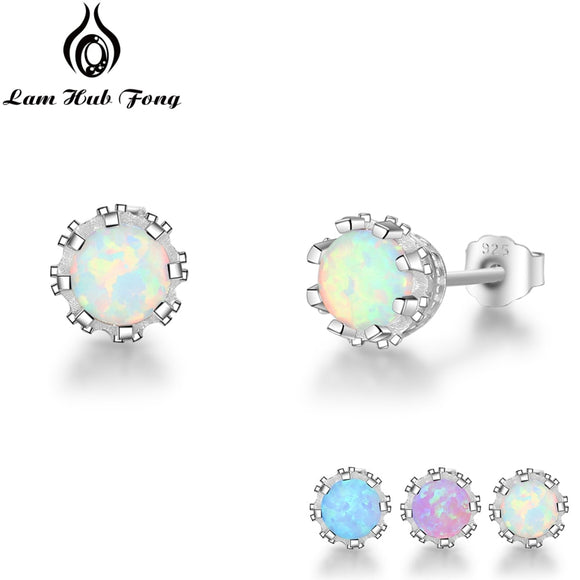 925 Sterling Silver Flower Stud Earrings Round Created Blue Pink White Opal Earrings For Women Wedding Jewelry (Lam Hub Fong)