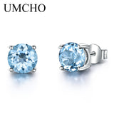 UMCHO Genuine 925 Sterling Silver Stud Earrings for Women Sky Blue Topaz Earrings Fine Jewelry Blue Gemstone Wedding Party Gift