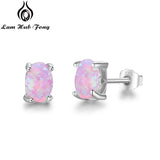 925 Sterling Silver Stud Earrings for Women Cute 4mm Created Oval White Pink Blue Fire Opal Earrings Fine Jewelry (Lam Hub Fong)