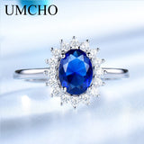 UMCHO Luxury Blue Sapphire Princess Diana Rings for Women Genuine 925 Sterling Silver Romantic Engagement Ring Wedding Jewelry