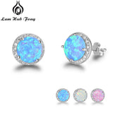 Classic 925 Sterling Silver Stud Earrings Round White Pink Blue Opal Earrings with Cubic Zirconia Jewelry Gift (Lam Hub Fong)