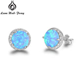 Classic 925 Sterling Silver Stud Earrings Round White Pink Blue Opal Earrings with Cubic Zirconia Jewelry Gift (Lam Hub Fong)