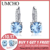 UMCHO Solid Silver 925 Jewelry Round Created Nano Sky Blue Topaz Clip Earrings For Women Birthday Gifts Charms Fine Jewelry